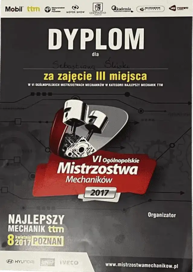 Urkunde 3. Platz Mechaniker-Meisterschaft 2017 für Sebastian Śliwka