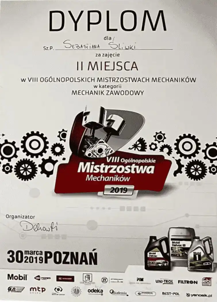Urkunde 2. Platz Mechaniker-Meisterschaft 2019 für Sebastian Śliwka